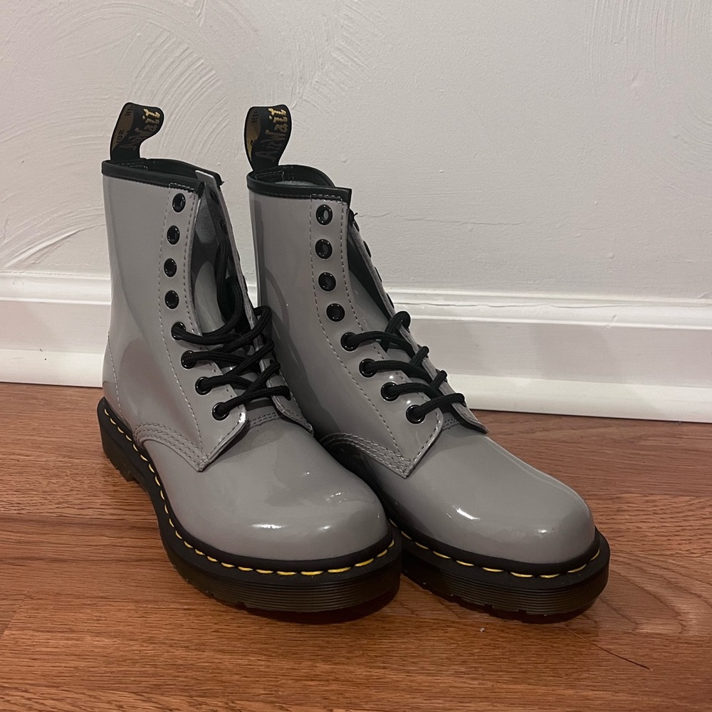 Dr. Martens Grey 1460 Women's Patent Leather Lace Up Boots
